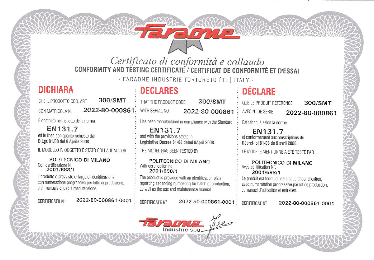 Certificat de conformité pour l'échelle 300 SMT de Faraone
