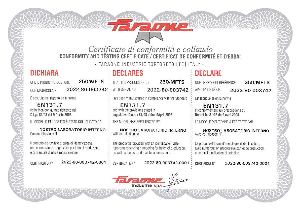 Certificat de conformité des échelles 250 MFTS de Faraone